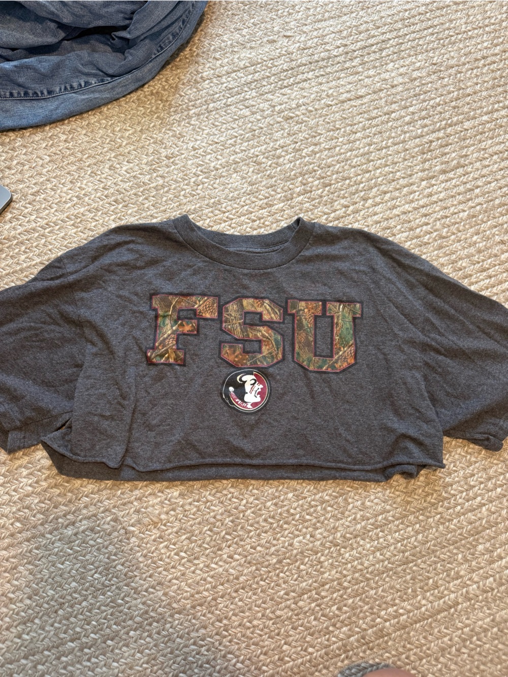 FSU Cropped Graphic Tee in Charcoal with Camo Lettering